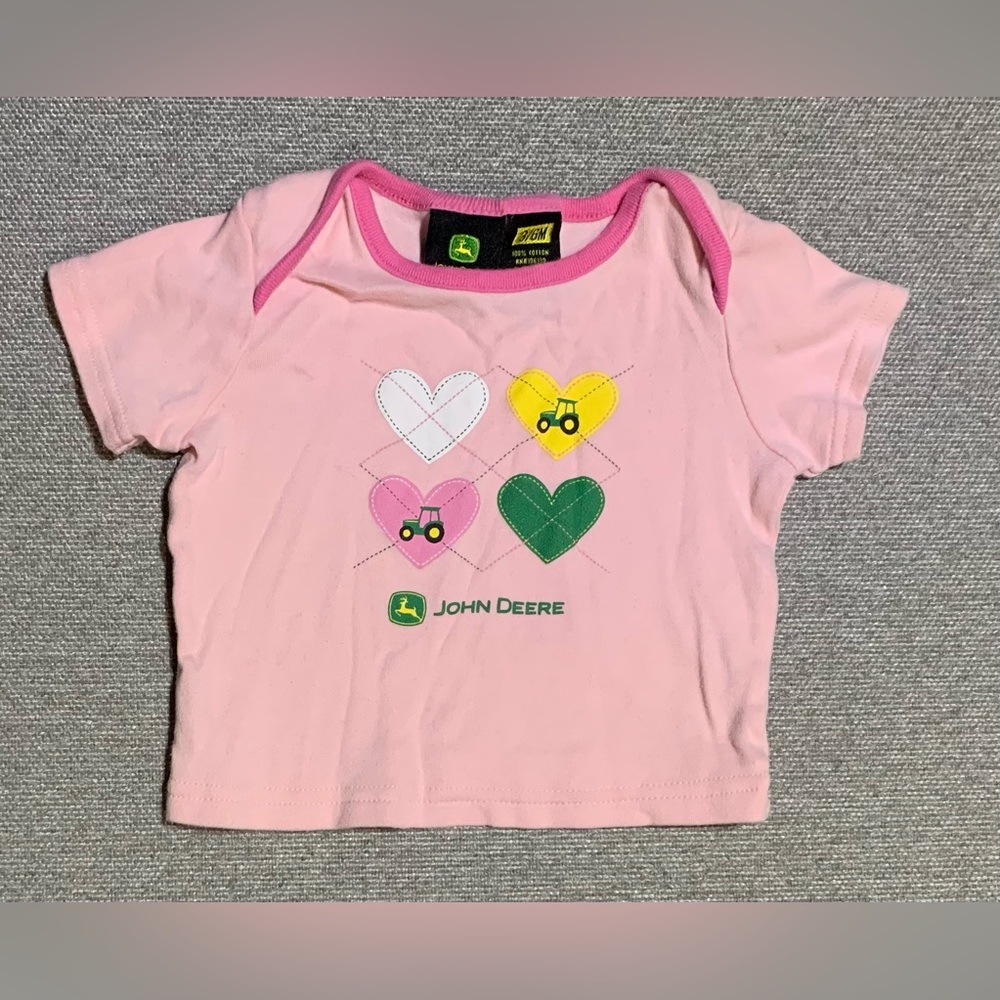 John Deere Baby Pink Tee Shirt Size 3/6 Months Hearts - Valentines Day